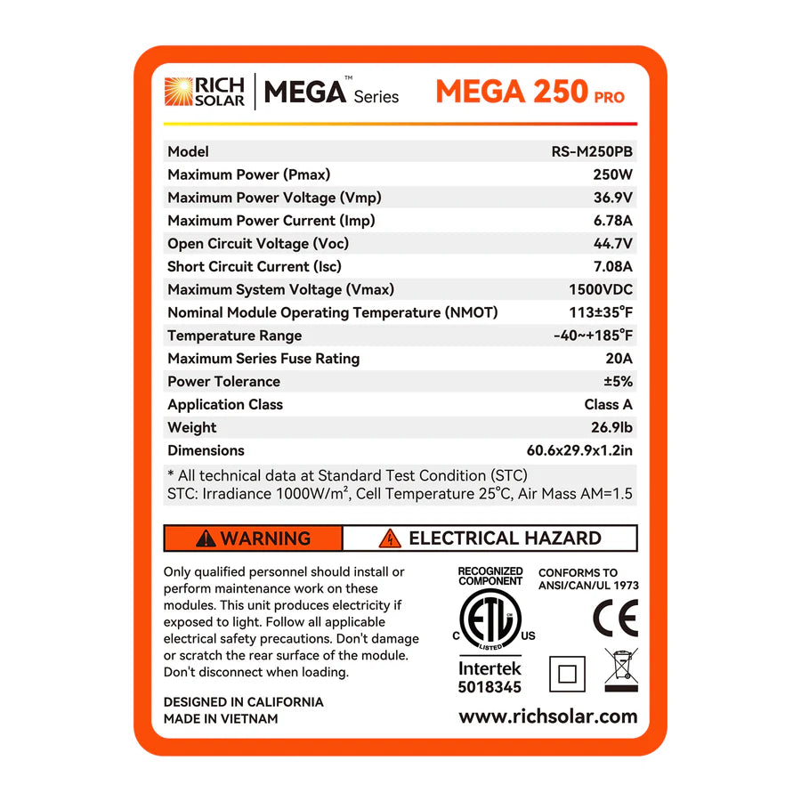 RICH SOLAR MEGA PRO 12V 250 Watt Monocrystalline Solar Panel