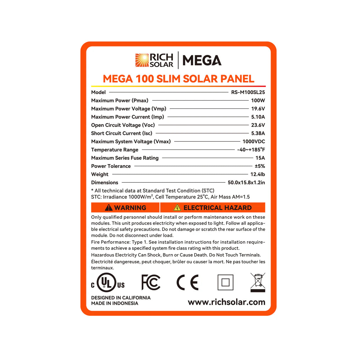 MEGA 100 SLIM | 100 Watt Slim Solar Panel | Compact 12V Off-Grid Narrow Solar Panel for Vans, Overlanders, Boats | 25-Year Output Warranty | UL Certified |