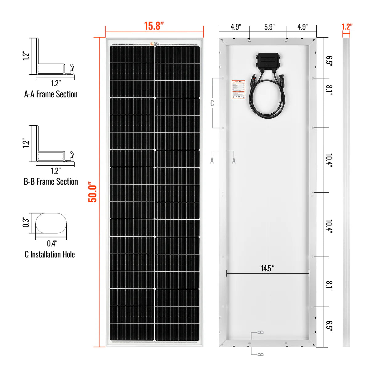 MEGA 100 SLIM | 100 Watt Slim Solar Panel | Compact 12V Off-Grid Narrow Solar Panel for Vans, Overlanders, Boats | 25-Year Output Warranty | UL Certified |