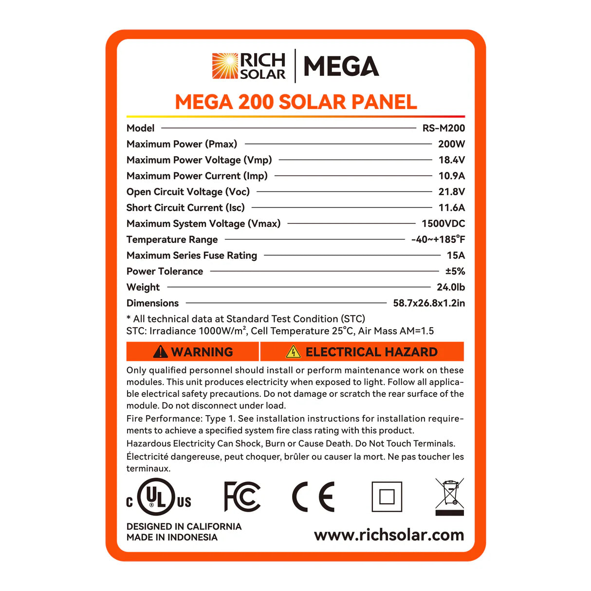 RICH SOLAR MEGA 12V 200 Watt Monocrystalline Solar Panel