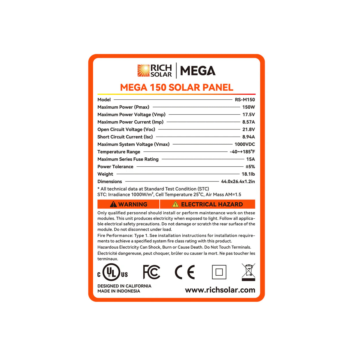 RICH SOLAR MEGA 12V 150 Watt Monocrystalline Solar Panel