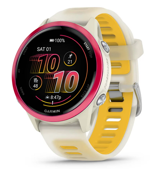 Forerunner 570 - 42mm, Raspberry Aluminum with Translucent Bone/Mango Band