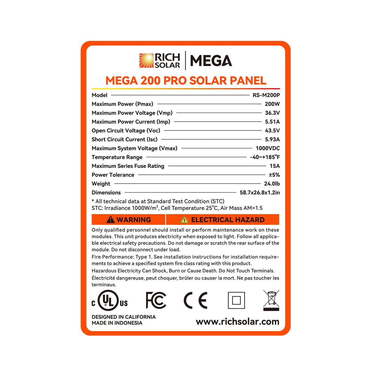 RICH SOLAR MEGA 24V 200 Watt Monocrystalline Solar Panel