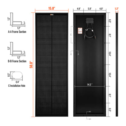 MEGA 100 SLIM | 100 Watt Slim Solar Panel | Compact 12V Off-Grid Narrow Solar Panel for Vans, Overlanders, Boats | 25-Year Output Warranty | UL Certified |
