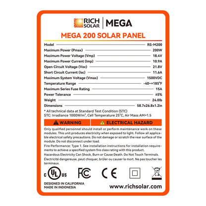 RICH SOLAR MEGA 12V 200 Watt Monocrystalline Solar Panel