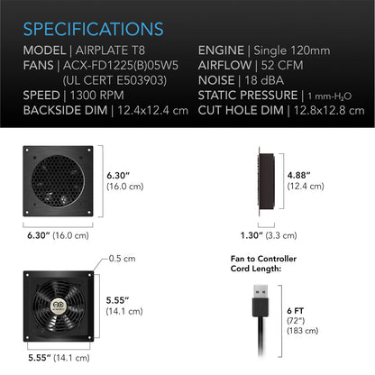 AIRPLATE T8, Quiet Cabinet Cooling Fan Dual 6" with Temperature Controller