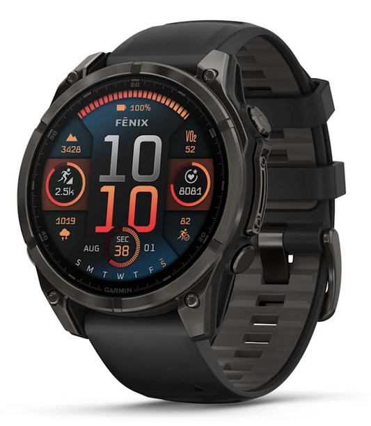 fēnix 8 – 47 mm, AMOLED, Sapphire, Carbon Gray DLC Titanium with Black/Pebble Gray Silicone Band
