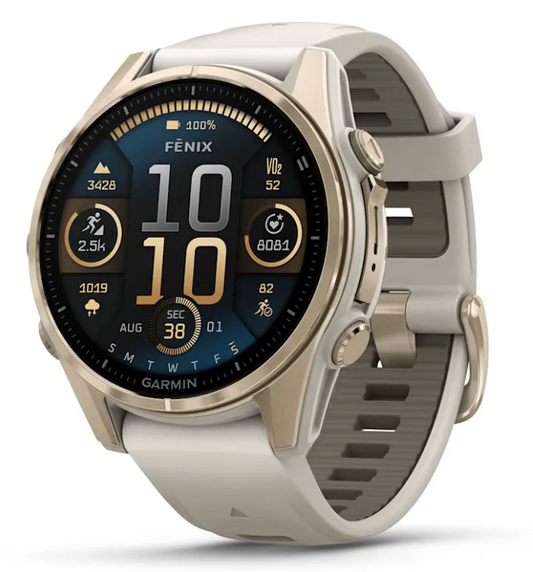 fēnix 8 – 43 mm, AMOLED, Sapphire, Soft Gold with Fog Gray/Dark Sandstone Silicone Band