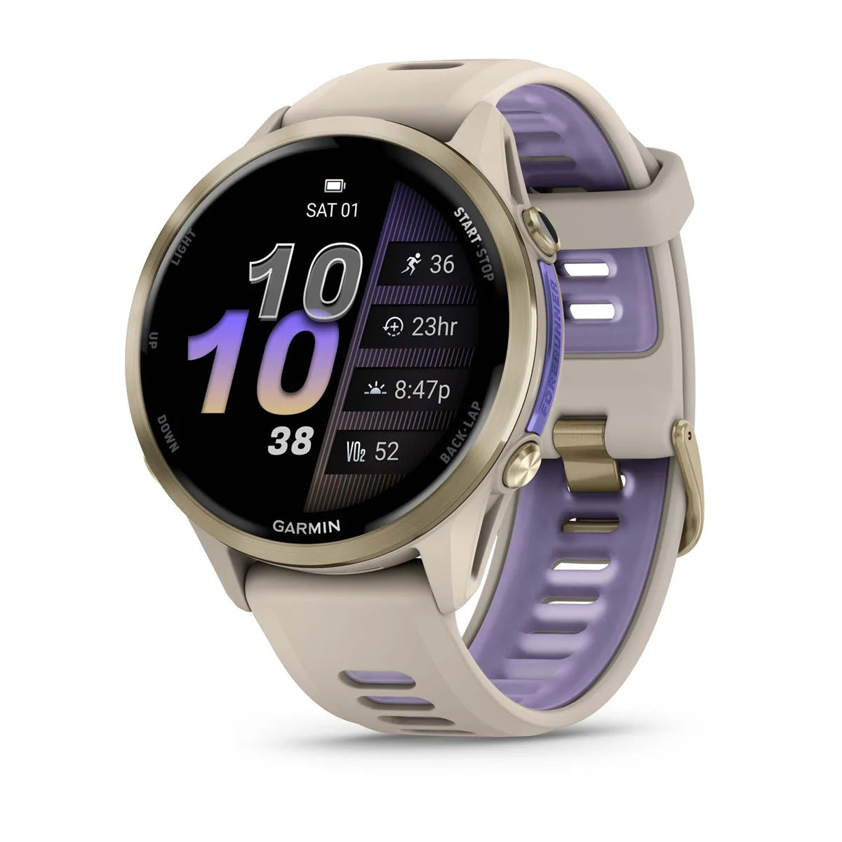 Forerunner 970, Soft Gold Titanium with French Gray Case and French Gray/Translucent Indigo Band